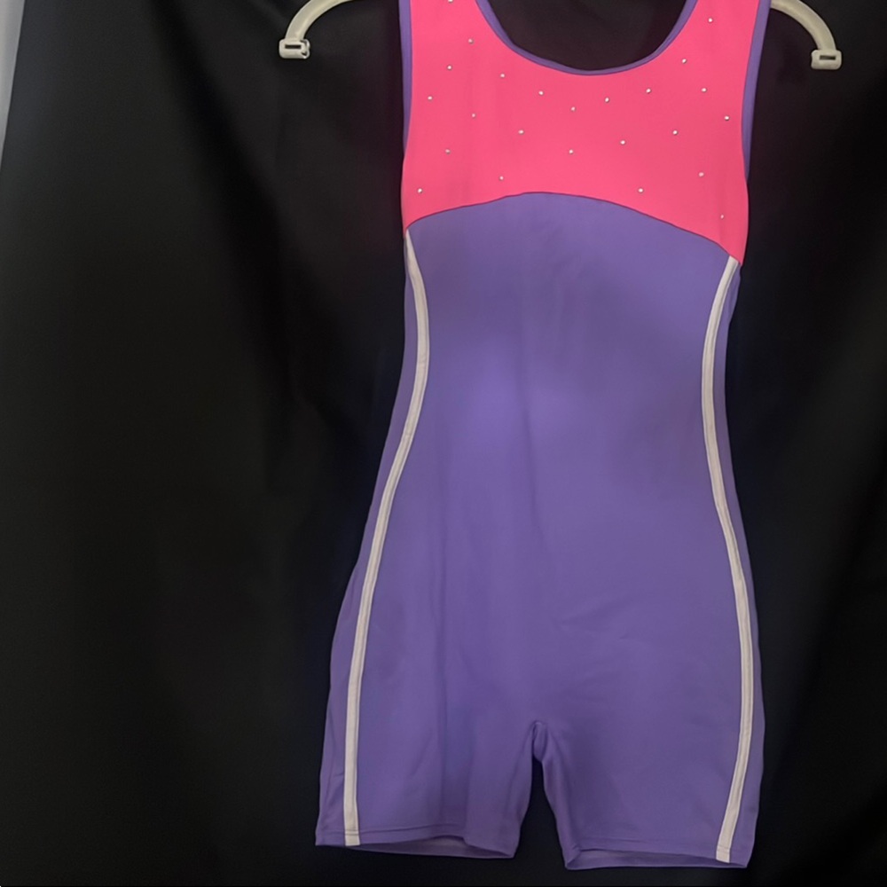 Purple and Pink Sleeveless Gymnastics/dance leotard.